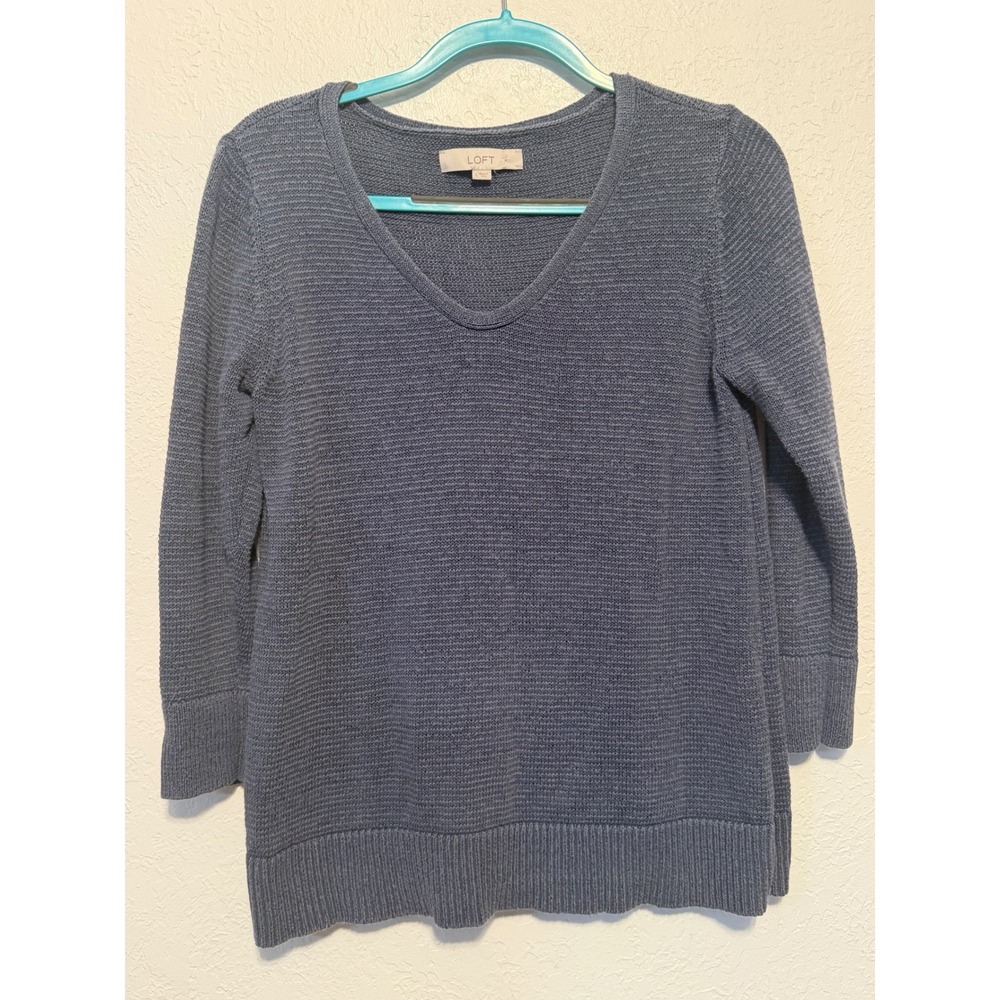 LOFT Blue Gray V-Neck Ramie Cotton Blend Knit Sweater Large 3/4 Sleeve